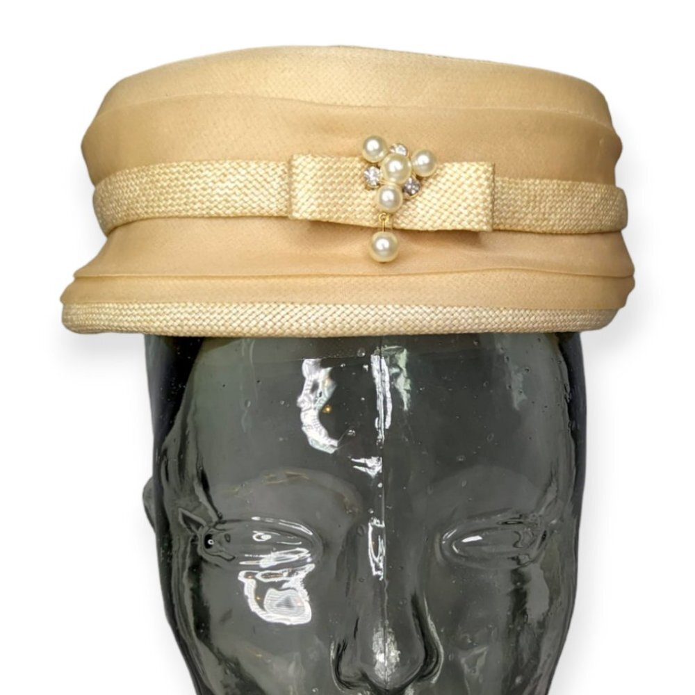 Vintage Ivory Pill Box Hat with Faux Pearl Accent